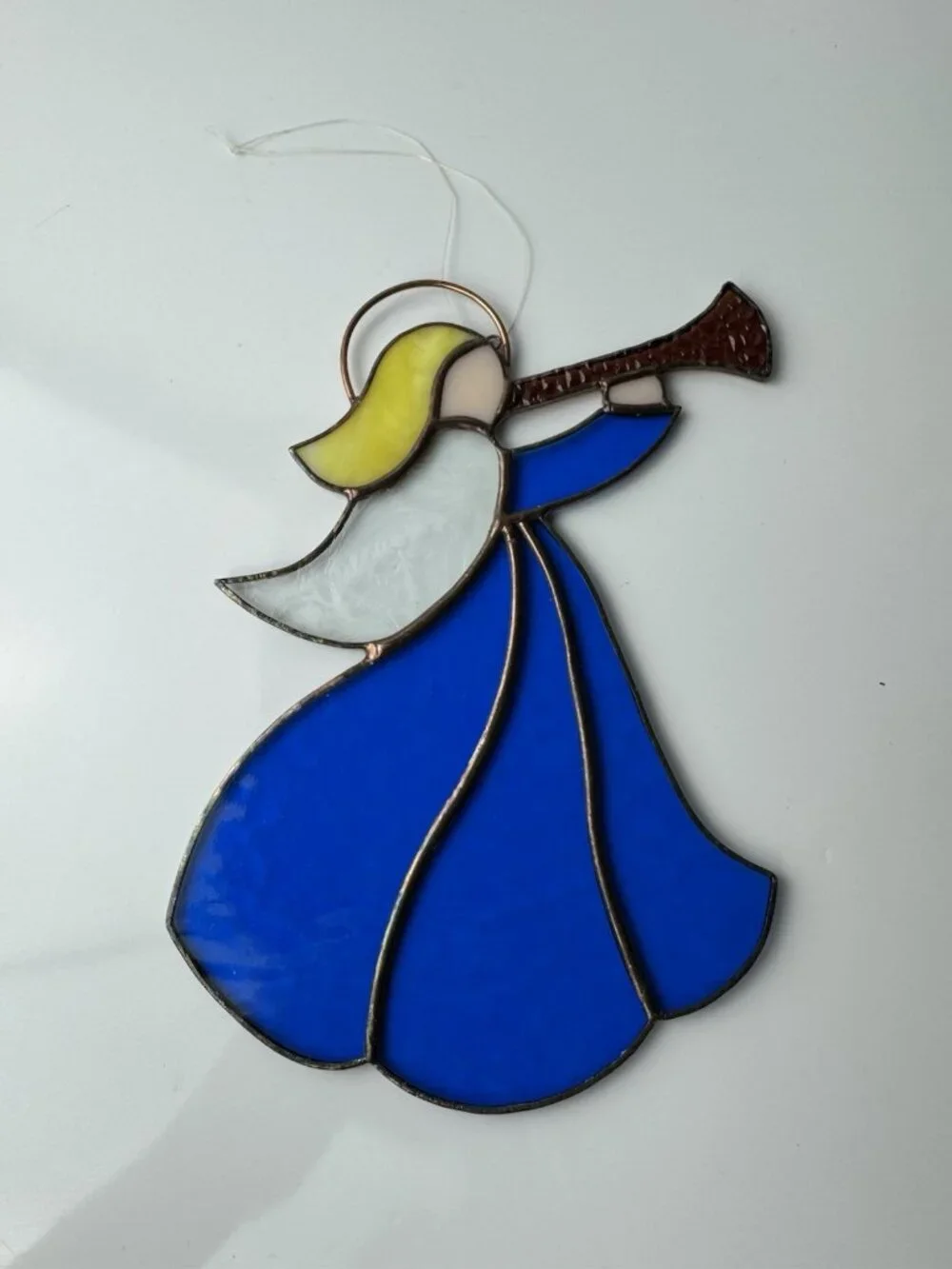 VTG Stained Glass Sun Catcher Angel w/Horn Ornament Handcrafted Christmas 9.5”
